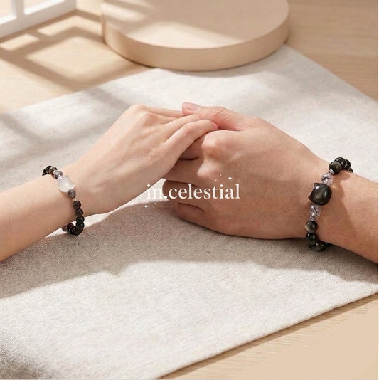 IN.CELESTIAL Purrfect Natural Obsidian Couple Bracelet with Cat Charm