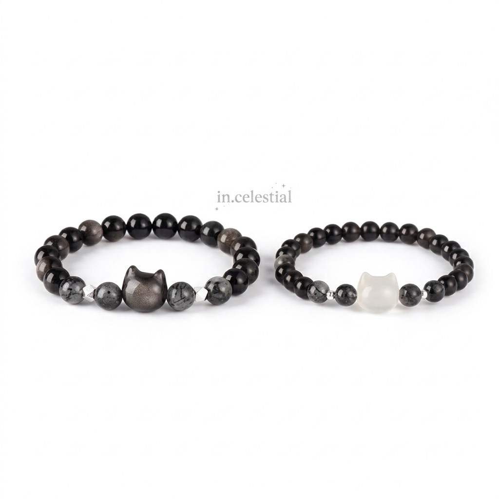 IN.CELESTIAL Purrfect Natural Obsidian Couple Bracelet with Cat Charm