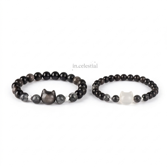 IN.CELESTIAL Purrfect Natural Obsidian Couple Bracelet with Cat Charm